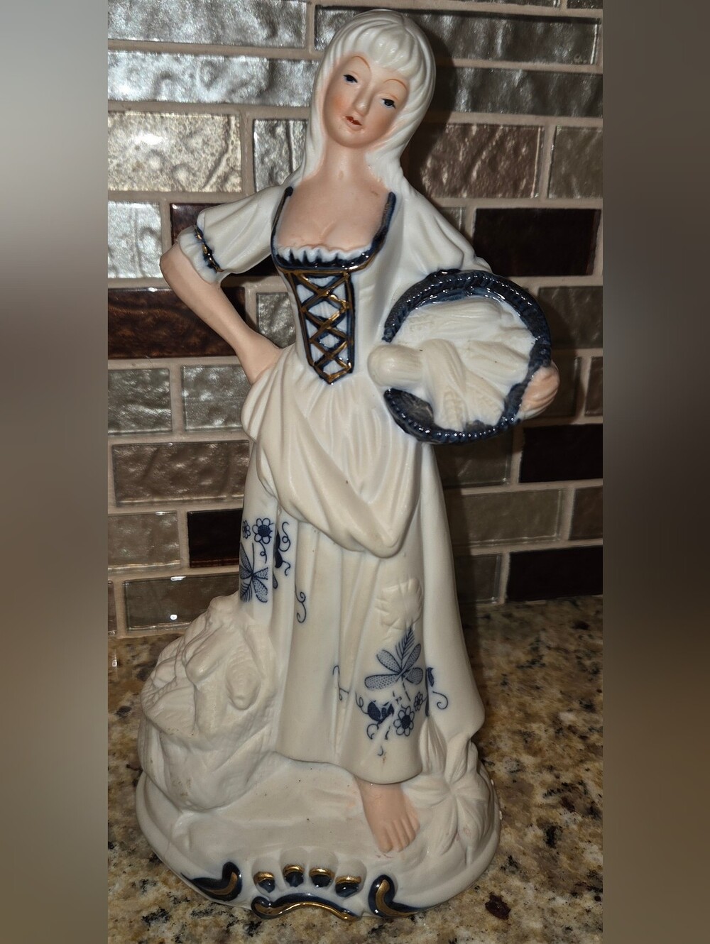 VTG Porcelain Village Girl White Navy Blue & Gold Trim With Basket 8.5" x 4"